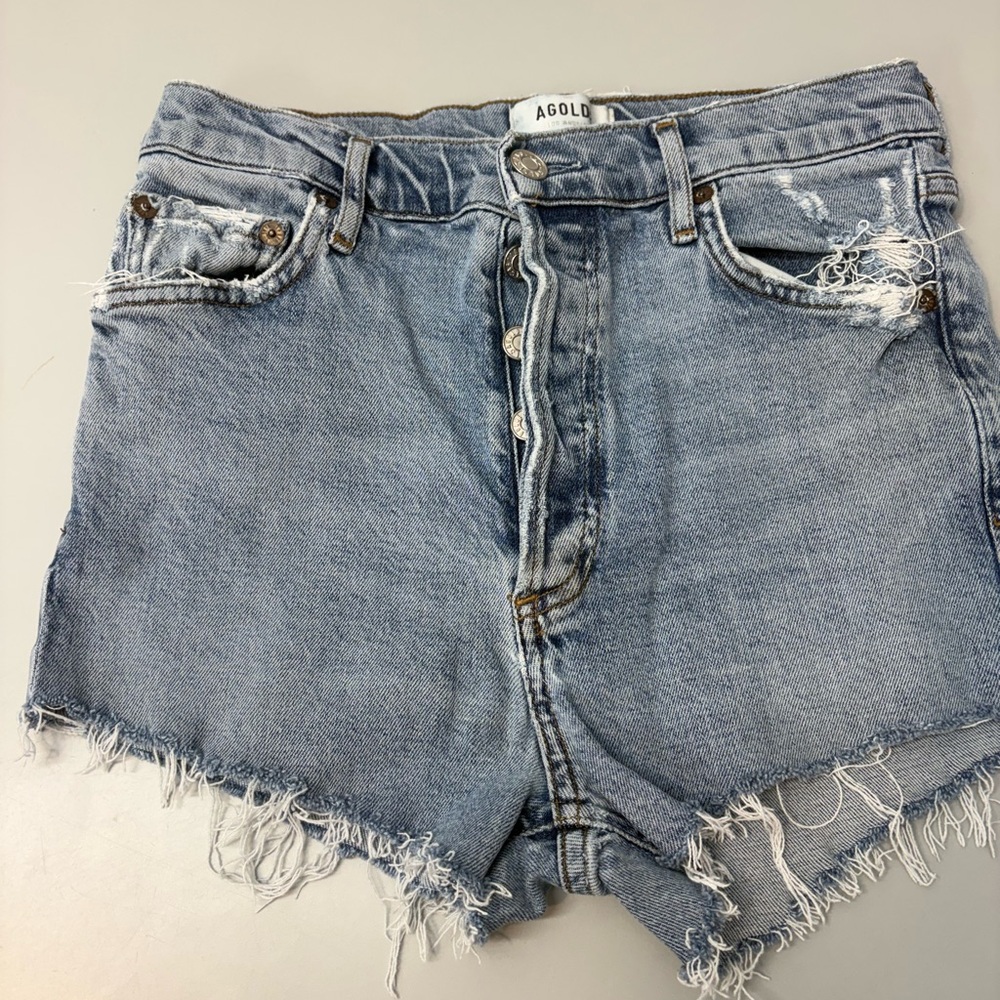 Agolde Faded Light Blue High-Rise Frayed Denim Shorts